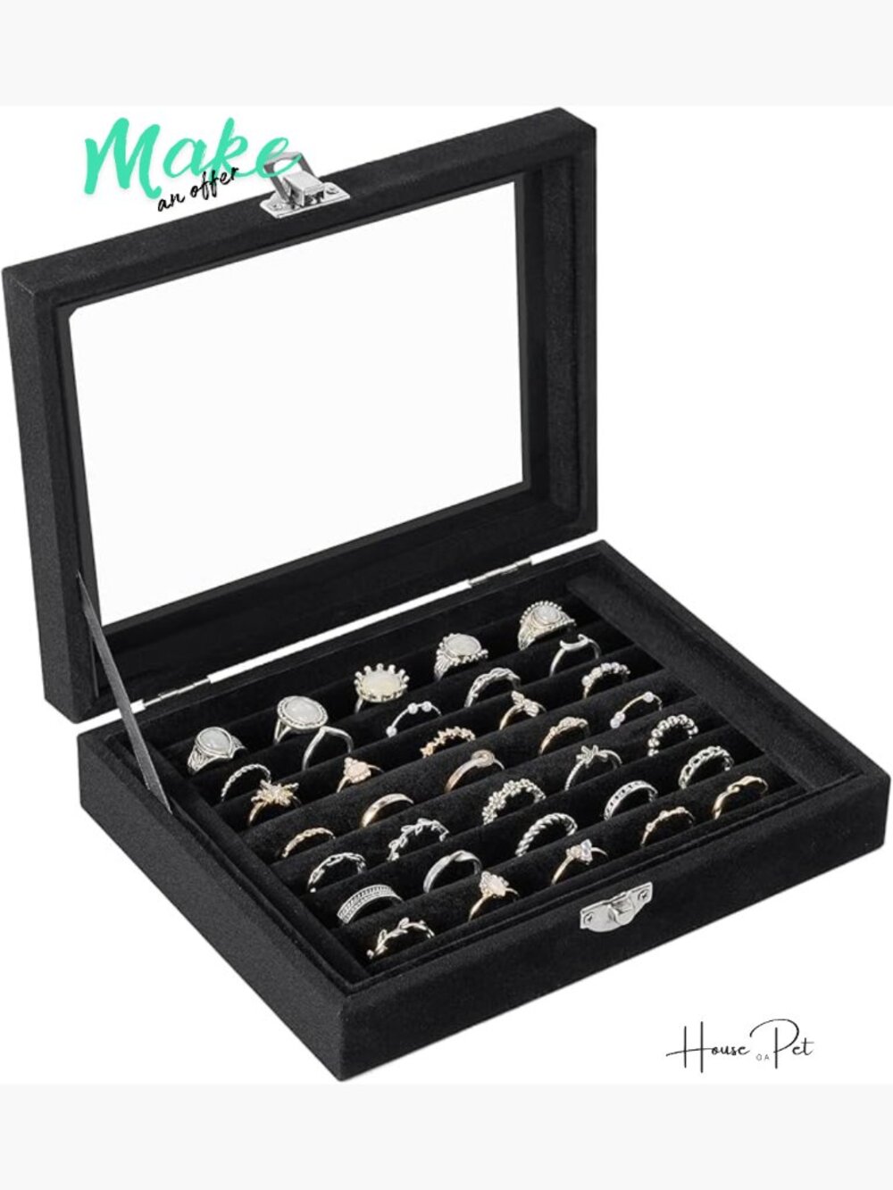 Velvet Ring Organizer Box with Glass Lid - 7 Slots Jewelry Storage